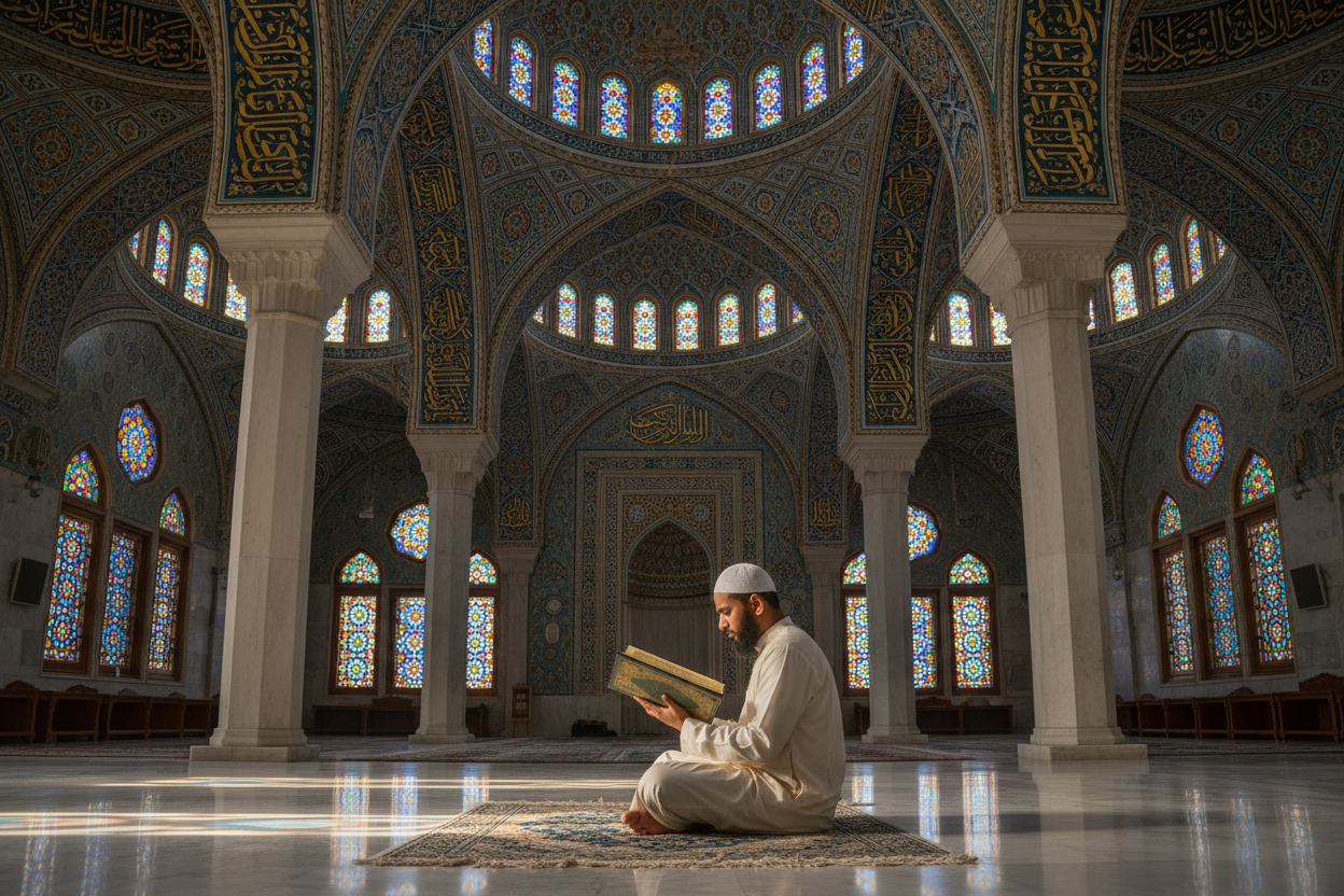 i want you muslim in mosque having a quran 